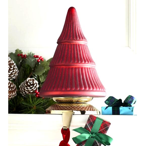 NEIMAN MARCUS Matte Christmas Tree Stocking Holder Holiday Red Glitter New - Picture 1 of 12